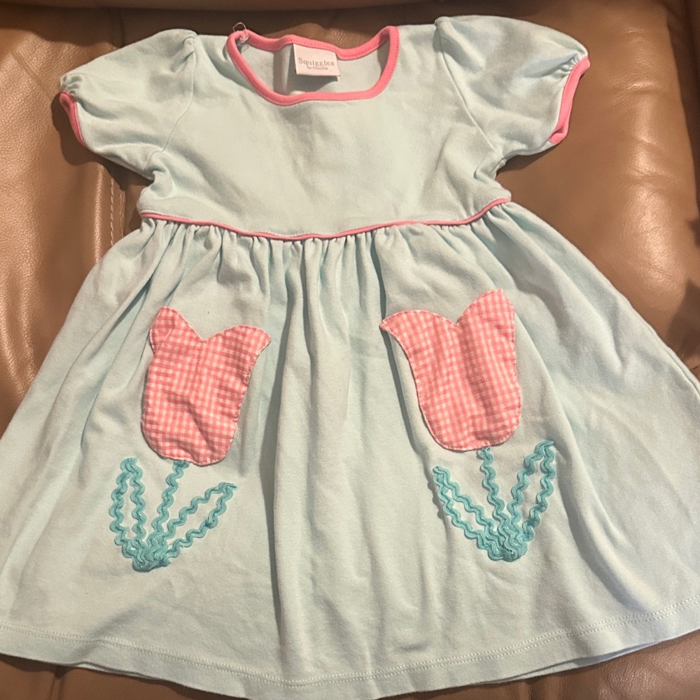 Squiggles by Charlie Light Blue/aqua Dress with Pink Tulip Accents. Wore once